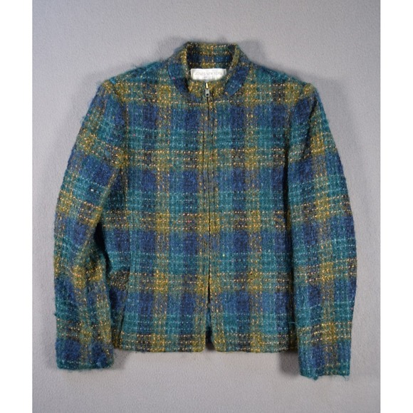 Jones New York Jackets & Blazers - Jones New York Petite Jacket Womens 8P Wool Mohair Plaid Full Zip Fuzzy Blue